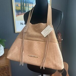NWT Elaine Turner Elegant Two Tone Tan Suede & Leather Quilted Boho Bag
